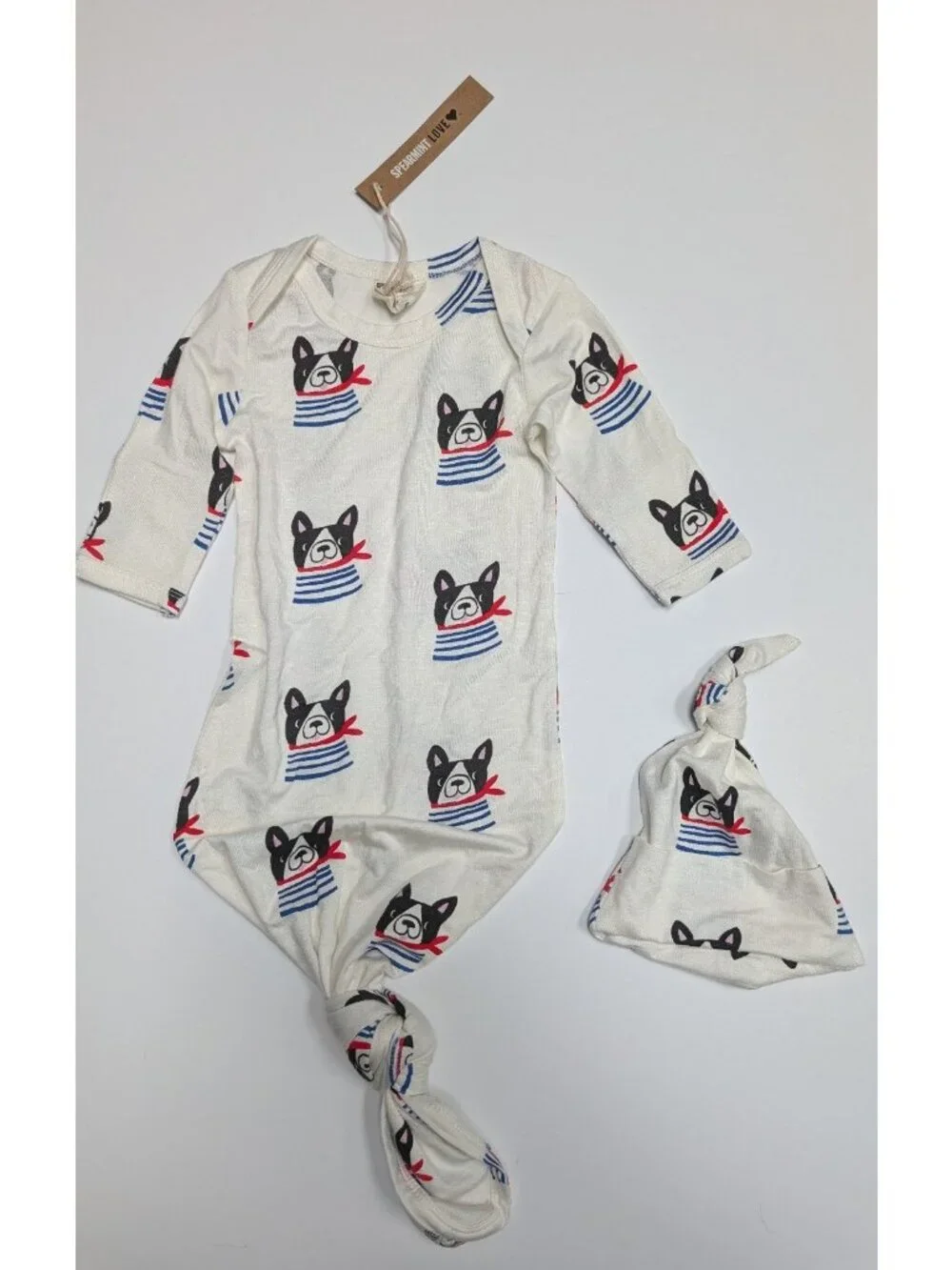 SpearmintLOVE French Bulldog Knotted Gown & Hat Baby Layette Set 0-3 mo Bamboo